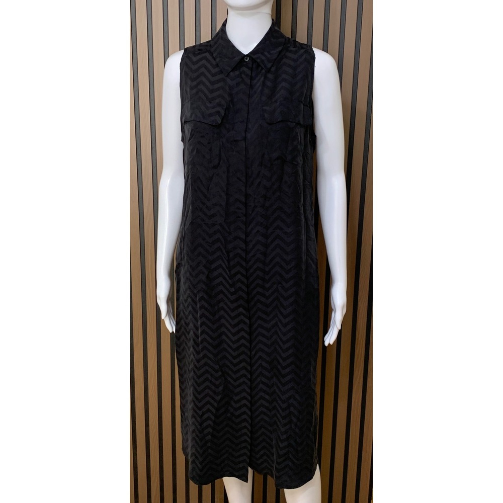 Equipment Femme Black 100% Silk Chevron Sleeveless Midi Shirt Dress L Classic
